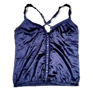 Abercrombie & Fitch Dark Navy Satin Laced Camisole Crosssback Top Juniors Large